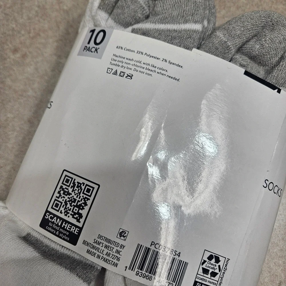 Member's Mark Athletic Quarter Socks Mens 6-12 White Gray 10 Pack Cushioned Arch